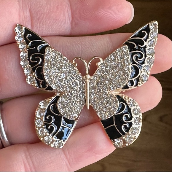 Jewelry - Vintage Style Black Enamel & Rhinestone Butterfly Brooch | Gold Tone Pin | NEW
